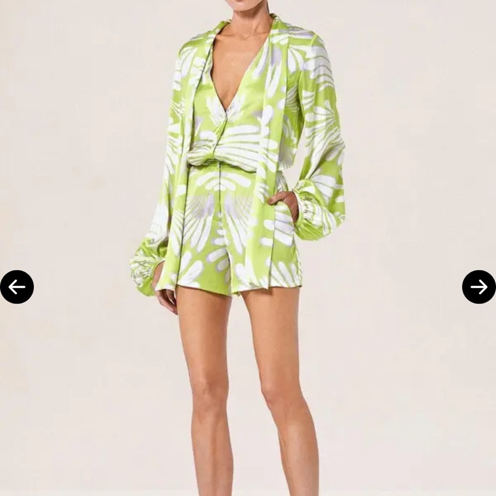 Alexis Devyn Lime Green and White Tropical Satin Two-Piece Set like new